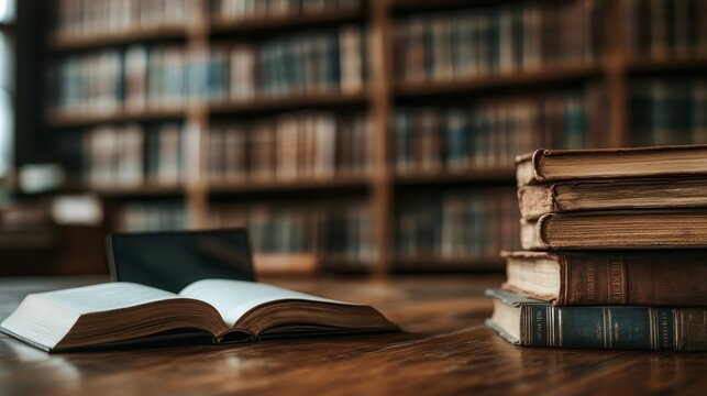 An inviting library scene featuring an open book alongside a stack of antique books, showcasing the importance of knowledge and the love for literature.