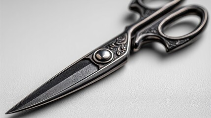 Obraz premium Artistic close-up of ornate silver scissors against a textured backdrop