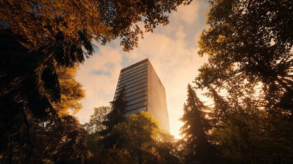 Modern tall brown skyscraper surrounded by green trees at golden sunset, urban skyline view, warm natural light, architectural cityscape background