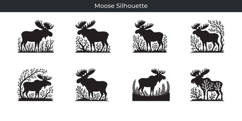 Vector illustrations of elegant moose silhouette designs with antlers and nature elements
