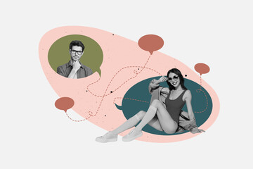 Creative full art collage of happy girl guy stand communication icon dialogue conversation speech...