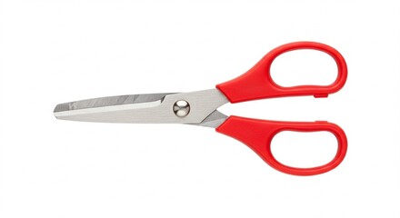 Open kitchen scissors with red plastic handle on white background, top-down view, isolated clipping path ready, sharp focus