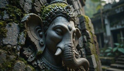 Fototapeta premium Ancient Stone Carving of Lord Ganesha – Realistic Temple Relief Close-Up