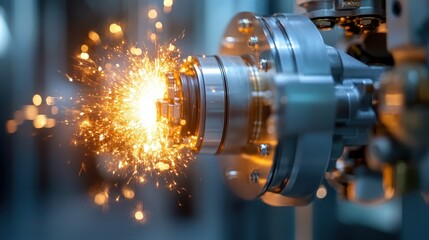 An amplified view of sparks flying from a mechanical part, representing energy and innovation in manufacturing processes, reflecting the power of modern technology.