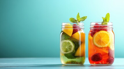 Fototapeta premium Two refreshing fruit-infused drinks in clear jars invite vibrant colors and natural flavors, perfect for a hot day, emphasizing freshness and summer vibes.