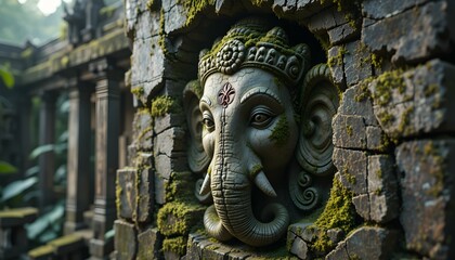 Close-Up of Lord Ganesha Carved in Eroded Temple Stone &ndash; Cinematic Heritage Shot