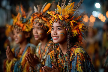 Fototapeta premium Children in tribal costumes dancing joyfully during Kadayawan Festival, surrounded by locals and tourists clapping along, warm lighting and community spirit.
