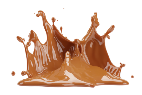 Caramel colored cascading liquid splash abstract shape on transparent background. Generative Ai