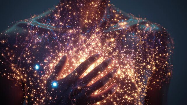 Luminous golden particles gently swirling and pulsing across human chest and hands, creating mesmerizing ethereal energy with mystical spiritual glow representing inner peace and cosmic connection