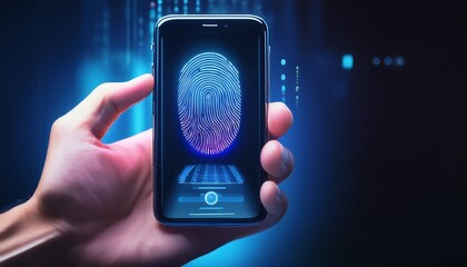 a close up of a hand scanning a fingerprint on a smartphone screen for biometric authentication soft lighting sleek background realistic details copyspace for cybersecurity themes