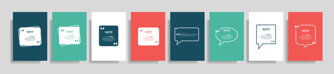 Quote speech box design templates set. Quatation text in bubble brackets frame. Citation empty graphic vector shape for social media inspiration posts. Motivation quote bubbles