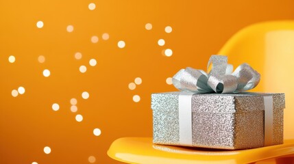 A beautifully wrapped gift box with a silver bow sits on a vibrant yellow chair against an orange backdrop, evoking feelings of celebration and anticipation.