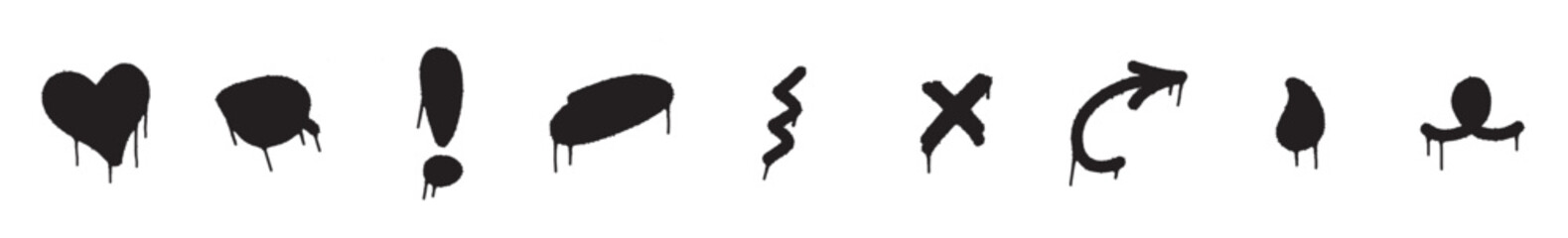 Set of graffiti image symbols. Spray painted graffiti patterns of question marks, arrows, crowns, stars, fences and punching hands. Spray paint elements. Illustrations of various street art style