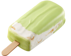 Delicious Green Ice Cream Popsicle with Chocolate Coating and Vanilla Filling on a Wooden Stick