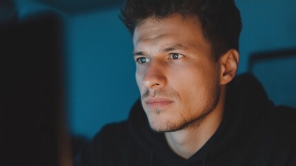 Focused young man illuminated by screen glow reflects digital immersion