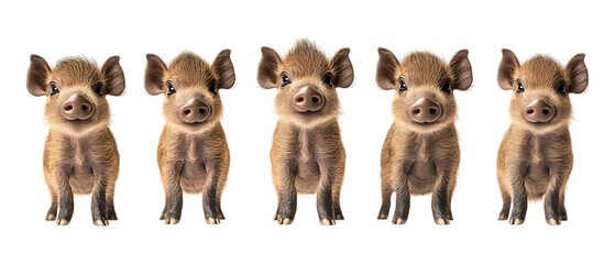 Pack Collection Cute Piglets Five Little Pigs set against transparent background