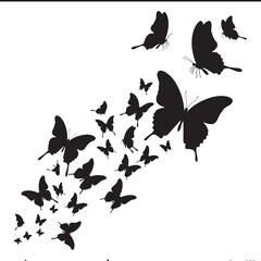 Flying flock of black silhouette butterflies isolated on white background vector illustration  