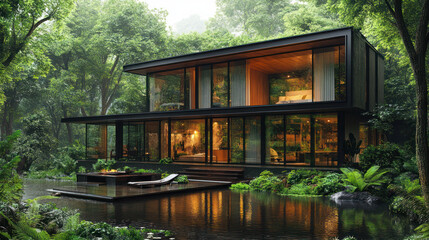 Modern house nestled in a lush, misty forest, reflecting tranquility