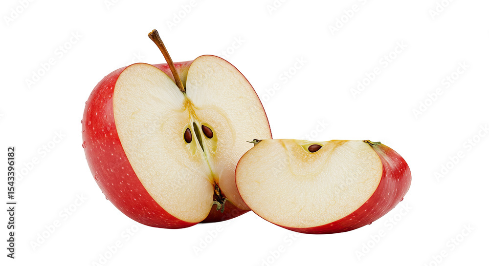 Poster close-up of a delicious red apple cut in half and a single slice on black