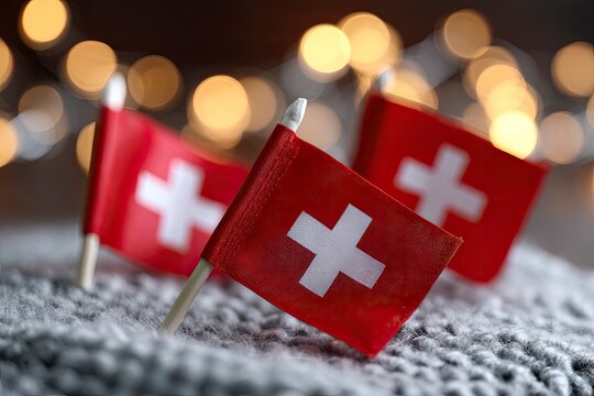 Three Swiss flags stand on a grey knitted surface against a background of blurry lights