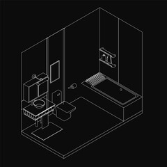 Black and white line drawing of a bathroom interior featuring a sink, toilet, bathtub, and mirror against a dark background. The detailed illustration includes a commode and flush tank for a complete.