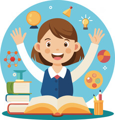 Cheerful Young Girl with Brown Hair Wearing a School Uniform Vector Illustration