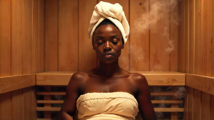 A young dark-skinned woman relaxes in a heated sauna, draped with a towel, in a traditional wooden steam room reminiscent