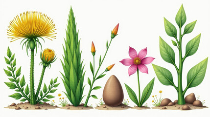 Obraz premium prehistoric flora including giant tree ferns, lycopods, and horsetails, scientific style with labeled parts, realistic textures, soft natural colors, white background