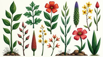 prehistoric flora including giant tree ferns, lycopods, and horsetails, scientific style with labeled parts, realistic textures, soft natural colors, white background