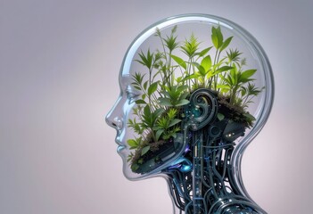 Cabeza de robot de cristal llena de plantas germinadas sobre un fondo con un suave gradiente