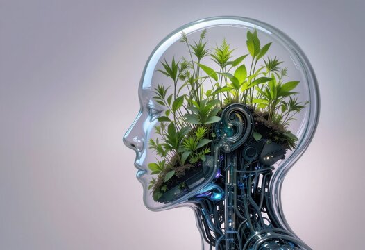 Cabeza de robot de cristal llena de plantas germinadas sobre un fondo con un suave gradiente