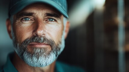 A mature man with a well-groomed beard and blue eyes poses thoughtfully, conveying wisdom and experience against a blurred industrial backdrop that emphasizes strength.
