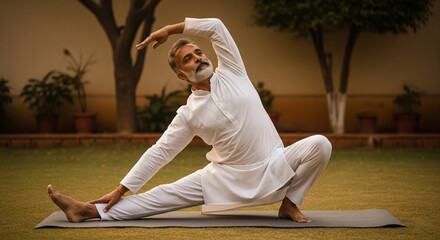 An old man doing yoga stretching, International Yoga Day 2025 poster