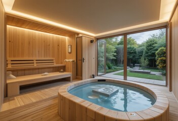 Un spa tranquilo con sauna de madera, iluminación suave y un jacuzzi sereno con vista a un jardín