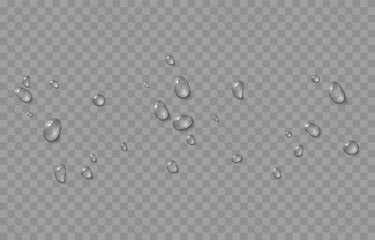 Vector water drops. Drops png, condensation on the window, on the surface. Realistic drops on an isolated transparent background.