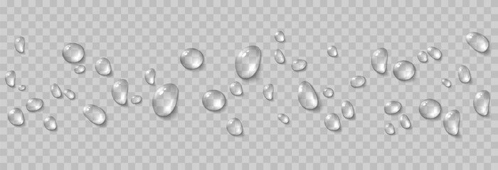 Vector water drops. Drops png, condensation on the window, on the surface. Realistic drops on an isolated transparent background.