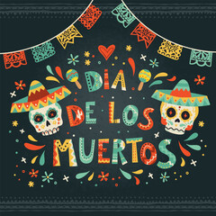 Day of the dead, Dia de los muertos design, hand drawn with decoration and flowers, great for banners, wallpapers, cards - vector design