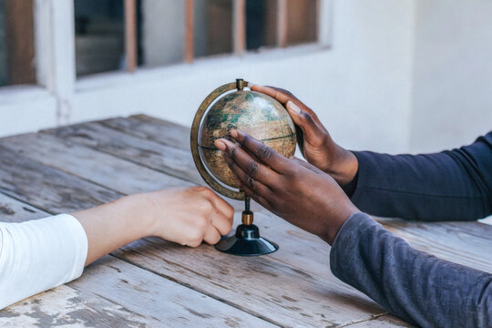 Collaborative Exploration Concept with Diverse Hands Holding a Tabletop Globe on a Wooden Table