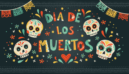 Day of the dead, Dia de los muertos design, hand drawn with decoration and flowers, great for banners, wallpapers, cards - vector design