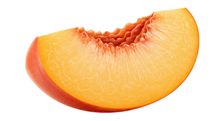 Close-up of a delicious fresh peach slice with a bite taken out of it.