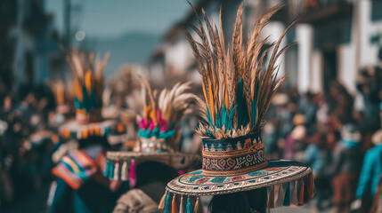 Feathered hats worn by dancers at Guelaguetza Festival parade showcasing Mexican indigenous artistry, traditional attire, and vibrant cultural celebration