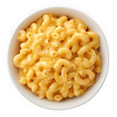 A bowl filled with creamy macaroni and cheese on a plain white background