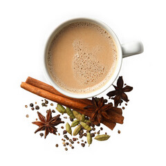 A cup of masala chai with cinnamon sticks and star anise on a white background