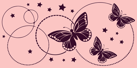 Butterfly frames. Black butterflies stars silhouettes, lined circle decor. Beautiful seasonal graphic elements, flying garden insect. Vector abstract art design pink background 
