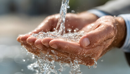 Fototapeta premium Cupped hands holding a clear stream of water, symbolizing fresh, drinkable water from a natural source in daylight.