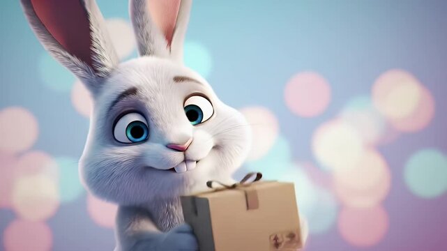 Cartoon rabbit holding a gift box