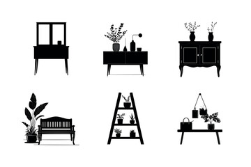 Black silhouette set of home furniture and plants