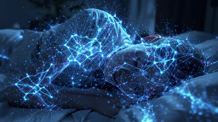 Neural network visualization glowing around peaceful woman sleeping, representing intense brain activity and subconscious neural connections during deep sleep state - Powered by Adobe
