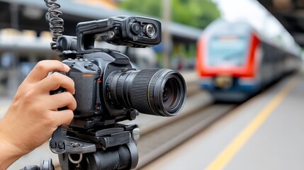Photographer capturing a scene at a train station with professional camera equipment