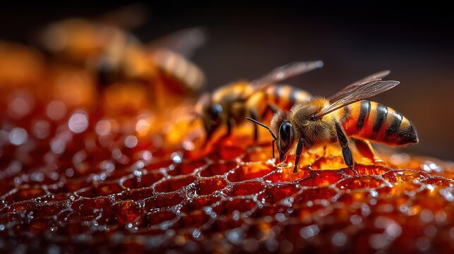 Close-up of bees gathering nectar from a honeycomb surface in natural lighting
